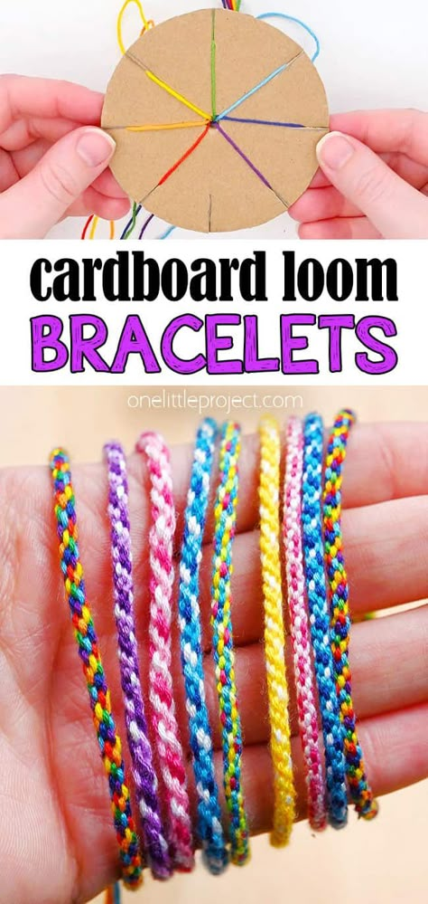 Friendship Bracelets With Embroidery Floss, Bracelet Made Of Yarn, Cardboard Circle Bracelet, Cardboard Loom Bracelet, Cool Projects For Kids, Decades Activities For Kids, Crafts For 12 Year Girl, Easy Camp Crafts For Kids, Camping Kids Crafts