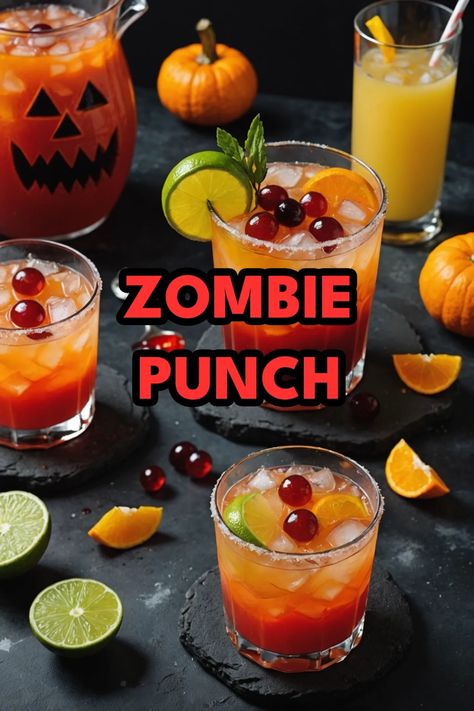 A photo of a  Zombie Punch which is a type of halloween cocktails Halloween Sorbet Punch, Halloween Alcoholic Drinks For A Party Punch, Fruity Halloween Alcohol Drinks, Alcohol Free Halloween Drinks, Adult Halloween Drinks Punch, Alcholic Halloween Drinks Easy, Halloween Drinks For A Crowd, Spooky Alcoholic Drinks Easy, Punch Recipes Alcholic Halloween