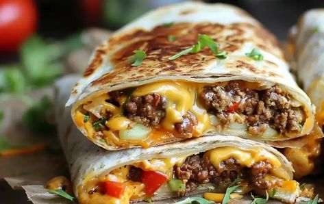 Crunchy Cheeseburger Wrap, Delicious Recipe - Easy & Tasty Burger Crunch Wrap Recipe, Cheese Burger Wraps Ground Beef, Cheese Burger Crunch Wrap, Cheeseburger Crunchwrap, Crunchy Cheeseburger Wraps, Cheeseburger Wrap, Cheeseburger Wraps, Hamburger Meals, Taco Wraps