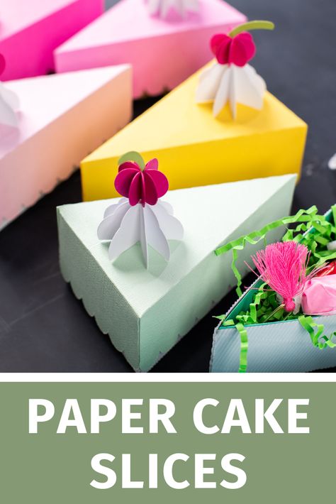 Paper Birthday Cake Box Diy, Scrap Paper Crafts Diy, Paper Cake Craft, Paper Cake Diy, Cake Slice Box Template, Carton Cake, Cake Paper Craft, Cake Boxes Diy, Cake Favor Box