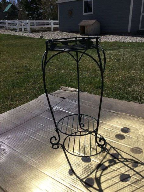 See how I repurposed a plant stand and patio furniture. The plant stand was turned into a side table. You can use these steps to update your own plant stand or patio furniture. #chascrazycreations #repurposedplantstand #patiofurnituremakeover Upcycled Plant Stand, Plant Stand Makeover, Outdoor Metal Plant Stands, Plant Stand Ideas, Outside Sink, Diy Ponds Backyard, Rustoleum Metallic, Accent Wall Entryway, Furniture Repurposing