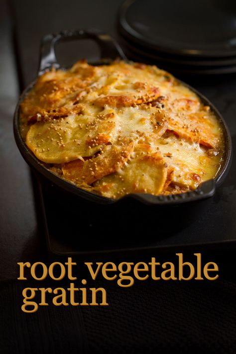 Root Vegetable Gratin For a Rainy Weekend - SippitySup Scalloped Recipes, Root Vegetable Gratin, Vegetable Gratin, Fresh Vegetable Recipes, Vegetable Slice, Winter Veggies, Easy Vegan Dinner, Root Vegetable, Fall Foods