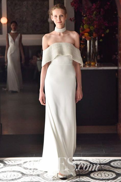 "Windsor" layered pearl off-the-shoulder crepe gown with pearl choker by Lela Rose Pearl Choker Wedding Dress, Pearl Choker Bride, Wedding Dress With Choker, White Bridal Robe, Rose Wedding Dress, Popular Wedding Dresses, Choker Dress, Wedding Dress Silhouette, Crepe Wedding Dress