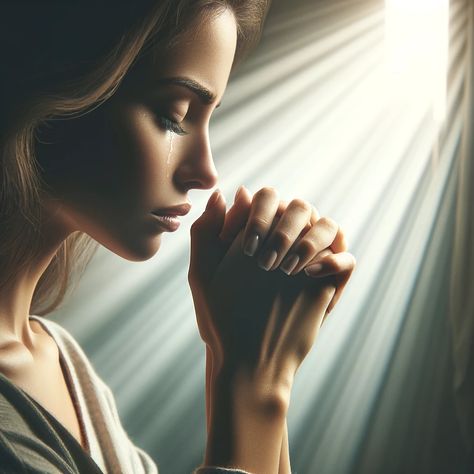 A woman in a serene, softly lit environment, her eyes closed with tears streaming down her cheeks as she clasps her hands tightly together in prayer. The background suggests a peaceful, sacred space, possibly with soft beams of light filtering through a window, casting gentle shadows. The image embodies a moment of deep emotional connection and spirituality, capturing the essence of hope,... Praying Pictures Photography, Love In Bible, Praying Images, Dduk, Through A Window, 18th Century Paintings, Chicano Tattoos, Cute Mobile Wallpapers, Church Windows