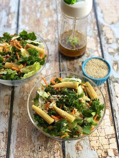 Sesame Ginger Salad, Kale And Cabbage, Ginger Salad Dressing, Kale Cabbage, Ginger Salad, Ginger Salad Dressings, Sesame Ginger Dressing, Satisfying Salads, Baby Corn