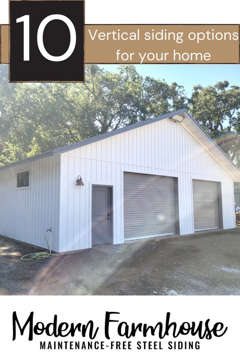 Use the same color and style of vertical siding on both the home and the detached garage to get the ultimate farmhouse style! ---#farmhosue #farmhousediy #farmhousestyle #metalgarage #garagediy #remodel #steelgarage #garagesiding #polebarndiy #polebarnhome #barnhome #barndominium #modernfarmhouse #whitefarmhouse #boardandbatten #steelsiding #sidingdiy #exteriorsiding #garageexterior Detached Garage Remodel, Garage Siding Ideas, White Metal Garage, White Pole Barn, Metal Siding House, Detached Garage Ideas, Ultimate Farmhouse, Autumn Drive, White Garage Doors