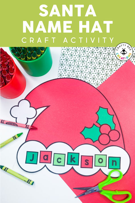 Add this Santa Name Craft to your list of activities for December. Preschool, kindergarten, and first grade students will enjoy piecing together the cute Santa hat and adding their personalized name. Use it for classroom celebrations, literacy centers, morning work, extra practice, and decorations around the room! The kid-friendly patterns are easy for students to cut and make the cutest bulletin board for Christmas and the holiday season! Great for name recognition too! December Projects For Preschoolers, Christmas Prek Ornaments, Easy Christmas Crafts For Prek, Preschool Christmas Arts And Crafts, Christmas Arts And Crafts Kindergarten, Kindergarten Christmas Crafts For Gifts, Holiday Crafts Prek, Holiday Crafts For Kindergarteners, Christmas Family Projects For Preschool