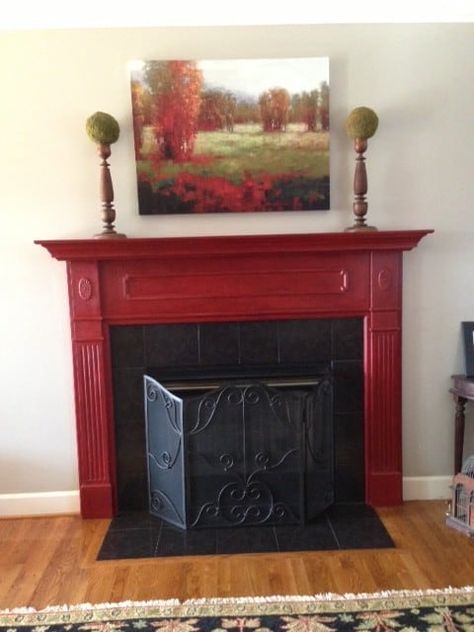 Painted Fireplaces, Red Fireplace, Fireplace Painting, Faux Mantel, Fireplace Walls, Fireplace Makeovers, Painted Fireplace, Stitch Kitchen, Fireplace Furniture