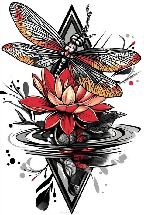 Tattoo idea: tattoo sketch A mystical dragonfly hovering over a pon Steampunk Dragonfly Tattoo, Dark Dragonfly Tattoo, Traditional Dragonfly Tattoo, Symmetrical Tattoo, Japanese Flower Tattoo, Tarot Card Tattoo, Tarot Tattoo, Idea Tattoo, New Tattoo Designs