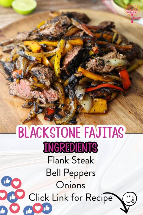 Enjoy juicy Steak Fajitas on the Blackstone griddle, where tender beef, seasoned and seared, meets grilled peppers and onions for a delicious Tex-Mex meal with a smoky flavor. It's a quick and tasty dish that everyone will love. via @foodhussy Fajita On Blackstone, Blackstone Steak Fajitas, Black Stone Fajita Recipe, Blackstone Fajitas, Fajitas Steak, Steak Fajitas On Blackstone Griddle, Beef Stir Fry Blackstone, Beef Stir Fry On Blackstone Griddle, Beef Fajita Recipe