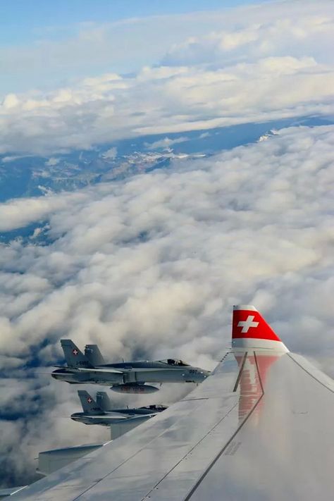 Swiss Airbus A330-343X and two F/A-18 Hornets from Swiss Air Force Swiss Airplane, Plane Poster, Swiss Air, Airbus A330, Golden Gate Bridge, Airplane View, Switzerland, Air Force, Aircraft