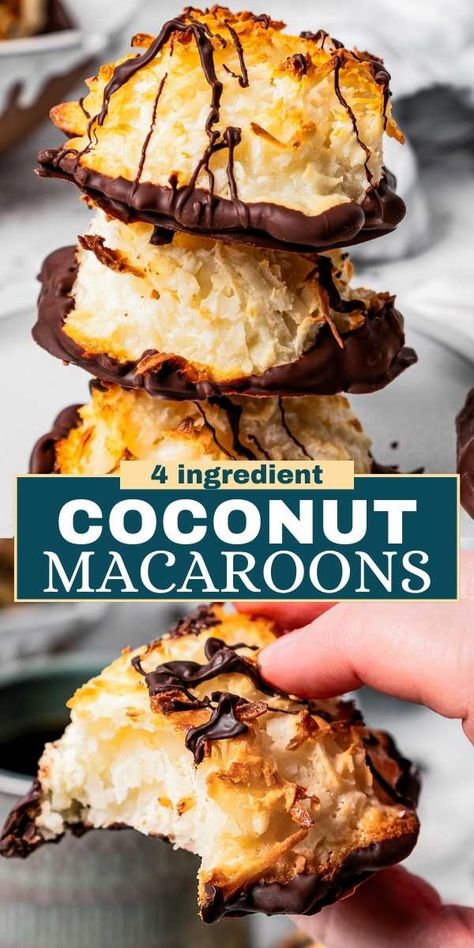 These toasty Coconut Macaroons with moist, chewy centers are an every-occasion dessert with subtle tropical vibes. They're dipped in dark chocolate for an extra indulgent, timeless treat! If you don't like dark chocolate, try milk, bittersweet, or white chocolate instead. Chewy Coconut Cookies, Chocolate Kiss Cookies, Coconut Macaroons Recipe, Chocolate Dipped Cookies, Dipped Cookies, Dessert Aux Fruits, Macaroon Recipes, Coconut Macaroons, Coconut Cookies