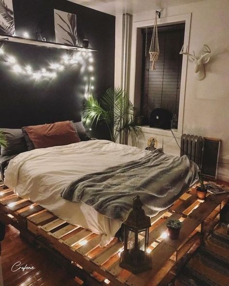 Pallet Bed Ideas, Pallet Bed With Lights, Pallet Beds, Pallet Bed, Frame Diy, Pallet Furniture Bedroom, Redecorate Bedroom, Cozy Room Decor, Bed Lights