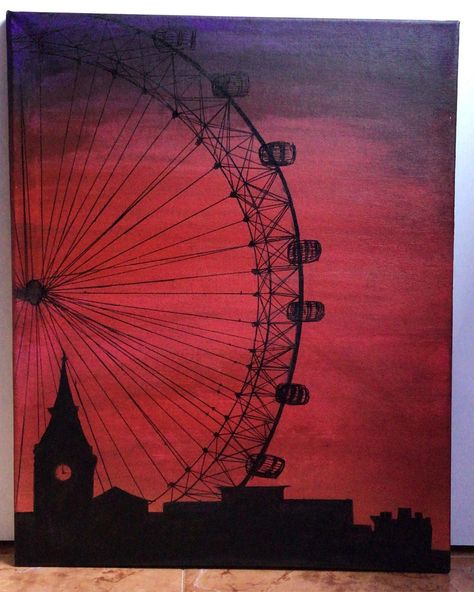 A drawing made with watercolor and acrylic paint on a canvas, with details in black marker City: Londres❤️🎨 . #londoneye #watercolorpaint… London Eye Painting, London Painting Easy, London Eye Drawing, City Painting Acrylic Easy, City Painting Easy, City Canvas Painting, Eye Painting Acrylic, Couples Canvas Painting, London Drawing