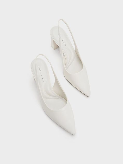 Bridal Shoes Slingback, Charles And Keith White Heels, Slingback Wedding Shoes, Wedding Shoes Slingback, Wedding Shoes Pointed Toe, White Pointed Toe Heels, White Sling Back Heels, Pointed Toe Wedding Shoes, White Pointed Heels