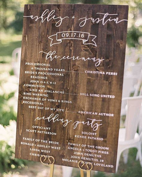 Creative Wedding Signs You'll Love | Martha Stewart Weddings - These ceremony and reception sign ideas will add some personality to your party, including this rustic wood and calligraphy wedding sign. #weddingsigns #weddingideas #calligraphy Spiritual Wedding, Creative Wedding Sign, Blairsville Georgia, Program Poster, Fresh Cocktails, Rustic Signage, Wood Palette, Wedding Program Sign, Paper Daisies