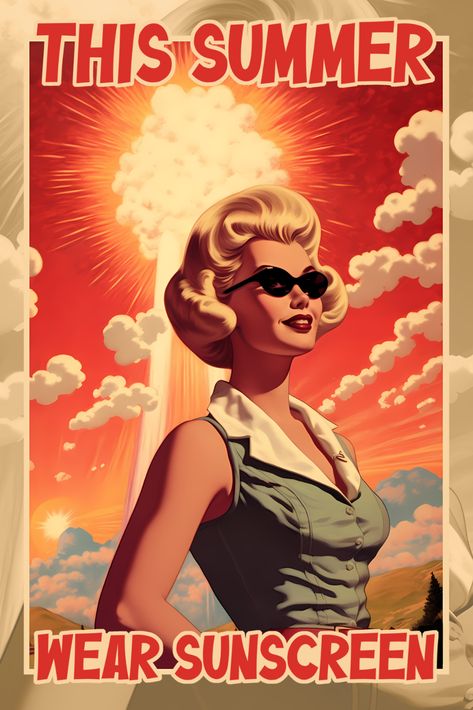 This summer wear sunscreen! Retro poster Barbie x Oppenheimer movies. 
An atomic july 2023 to you all with the Barbenheimer premiere! Don't forget your suncreen and sunglasses! 
#barbie #oppenheimer #barbenheimer #summer2023 #atomicbomb #explosion #retroposter #cinema #movie #vintageposter #retrotravelposter #barbieoppenheimer #parody Oppenheimer Poster, Barbie X Oppenheimer, Barbie Oppenheimer, American Pop Culture, Retro Barbie, Cinema Movie, Good Old Times, Retro Travel Poster, Wear Sunscreen