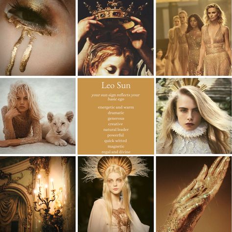 Leo sun zodiac sign mood board and astrology aesthetic Leo Sun Capricorn Rising, Leo Zodiac Mood Board, Zodiac Sign Mood Boards, Leo Aethestic, Sun In Leo Aesthetic, Leo Astrology Aesthetic, Leo Star Sign Aesthetic, Moon In Leo Aesthetic, Leo Bedroom Aesthetic