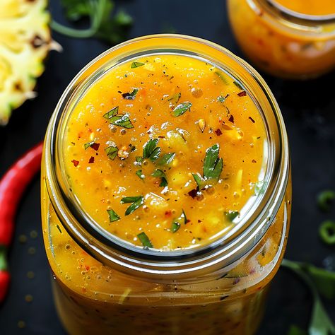 Pineapple Habanero Hot Sauce Habanero Sauce Recipe, Pineapple Habanero Sauce, Habanero Recipes, Chili Oil Recipe, Habanero Salsa, Homemade Hot Sauce, Habanero Sauce, Roasted Pineapple, Habanero Hot Sauce