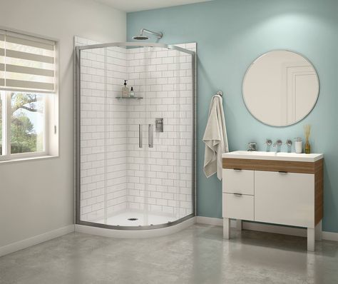 One Piece Shower Stall, Corner Tub Shower, Corner Shower Stalls, Corner Shower Kits, Acrylic Shower Base, Semi Frameless Shower Doors, Neo Angle Shower, Sophisticated Bathroom, Corner Tub