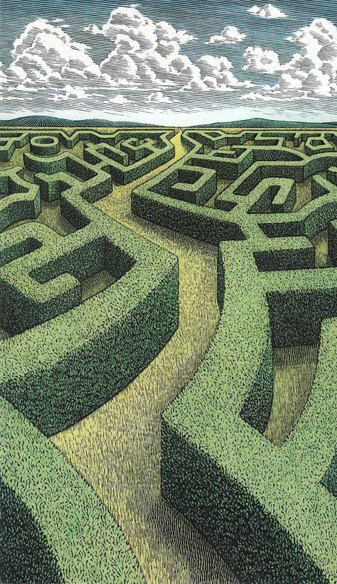 Douglas Smith illustration Scratchboard Artists, Maze Drawing, Labyrinth Garden, Douglas Smith, Labyrinth Art, Labyrinth Maze, Art Appliqué, Arte Inspo, Labyrinth