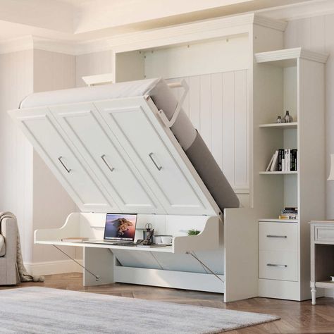 Perth Queen Deluxe Wall bed with Desk & Storage | Costco Bed With Side Storage, Desk Headboard, Murphy Bed With Desk, Murphy Bed Office, Queen Portrait, Horizontal Murphy Bed, Murphy Bed Desk, Queen Murphy Bed, Bed With Desk