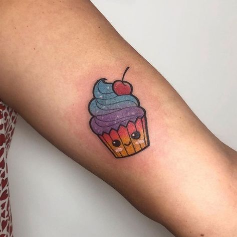 Cute Cupcake Tattoo, Cupcake Tattoo Designs Girly, Mini Cupcake Tattoo, Sweet Tattoos Candy, Candy Tattoo Ideas, Girlie Tattoos, Dessert Tattoo, Cupcake Tattoo Designs, Baking Tattoo