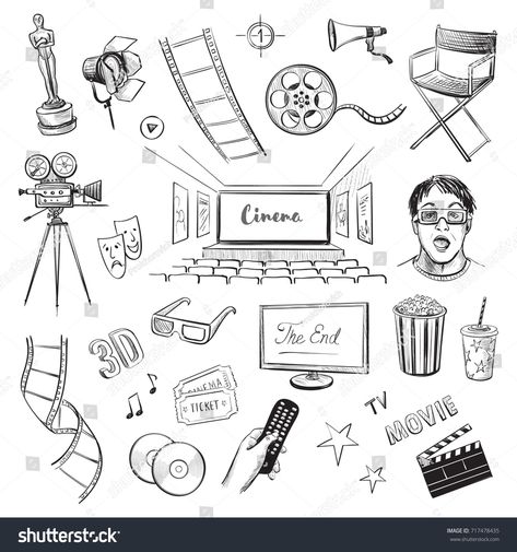 Cinema Hall, Hand Drawings, Interior Sketch, Movie Camera, Vector Sketch, Stop Motion, The Arts, A White Background, Royalty Free Photos