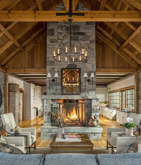 Vermont Ski House, Timber Frame Great Room, Two Sided Fireplace, New England Home, Fireplace Logs, Double Sided Fireplace, Ski House, New England Homes, Timber Frame Homes