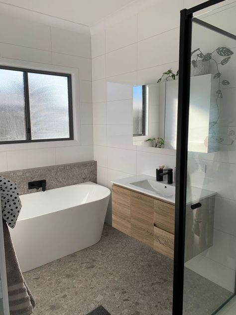 Bathroom reno with nib wall to hide plum... | Bunnings Workshop community Bunnings Bathroom, Bathroom On A Budget, Built In Bath, Grey Floor Tiles, Old Bathroom, New Bathroom, Bathroom Reno, Black Shower, Grey Flooring