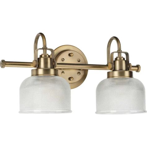 Progress Lighting Archie 2-Light Brass Transitional Vanity Light in the Vanity Lights department at Lowes.com Brass Vanity Light, Bright Bathroom, Vintage Knobs, Focus Light, Bathroom Vanity Light, Industrial Hardware, Dressing Table Mirror, Progress Lighting, Light Vanity