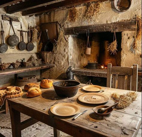 Medieval Peasant Home, 1800 Kitchens 19th Century, Rustic Cooking Aesthetic, Medieval Castle Kitchen, Medieval Pastries, Wood Cottage Interiors, 1600s Kitchen, Medieval Kitchen Aesthetic, Medieval Cottage Interior