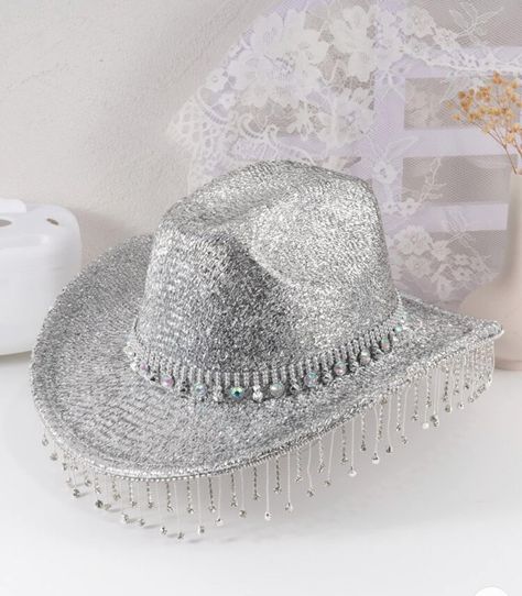 Rhinestone Tassel Decorated Western Cowboy Hat Suitable for - Etsy Silver Cowgirl Hat, Rhinestone Cowgirl Hat, Denim Party Outfit, Surprise Dance Outfits, Silver Cowboy Hat, Rhinestone Cowboy Hat, Beyonce Costume, Midnight Rodeo, Beyonce Concert