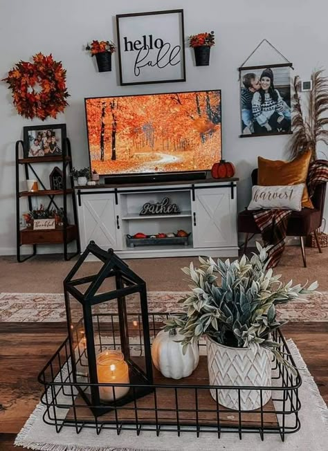 Amazon Home Inspiration, Fall Tv Stand Decor, Fall Table Arrangements, Fall Living Room Decor Warm Colors, Fall House Decor, Fall Decor Living Room, Fall Apartment Decor, Fall Szn, Future Bathroom