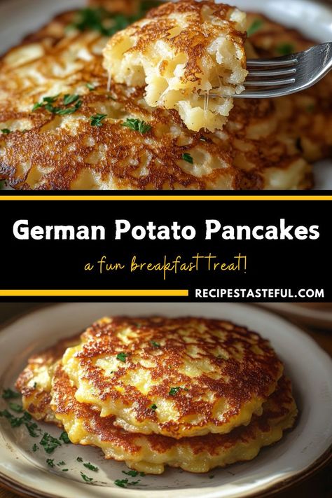 Experience the hearty flavors of Germany with these crispy-on-the-outside, tender-on-the-inside German Potato Pancakes. They make for the perfect comfort food and can be easily prepared in just 30 minutes! German Potatoes Pancakes, Hungarian Potato Pancakes, Traditional German Breakfast, German Potato Pancakes Authentic, Potatoes Pancakes Recipe, German Breakfast Recipes, Easy Breakfast Potatoes, Potatoe Pancakes, Polish Potato Pancakes