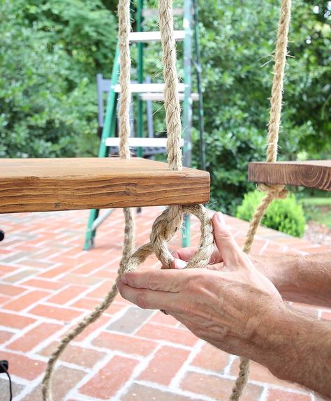 Plank And Pillow, Diy Swing, Diy Porch Swing, Porch Swing Bed, My Sister In Law, Building A Porch, Porch Swings, Wooden Swing, Diy Porch