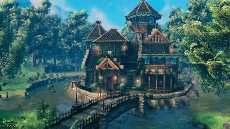 Medieval Mansion Valheim Build Medieval Mansion, Viking Village, Viking Culture, Tower Building, Fantasy House, Survival Games, Watch Tower, Iron Gate, Stardew Valley