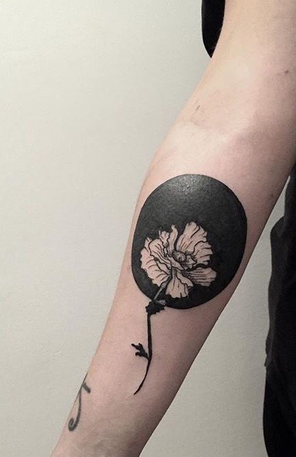 Colin Cej flower tattoo Black Circle Tattoo, Round Tattoo Ideas, Abstract Flower Tattoos, Herb Tattoo, Toronto Tattoo, Round Tattoo, Abstract Art Tattoo, Black Tattoo Cover Up, Simple Tattoos For Guys