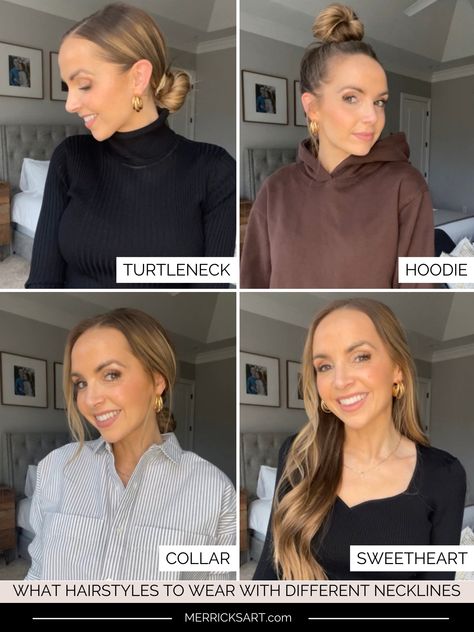 What Hairstyles to Wear With Different Necklines - Merrick's Art Necklace With Crew Neckline, Hairstyles For Mock Neck Dresses, Turtleneck Hairstyle Long Hair, Hairstyles For Collared Shirts, Hair Styles For Turtle Neck Top, Neckline Necklace Guide, Neckline Guide, Audra Style, Bridal Suits Punjabi