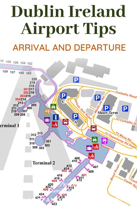 Dublin Airport Map. With Text Reading: Dublin Airport –Tips for Arrival and Departure. Ireland Road Trip Itinerary, Irish Vacation, Ireland Places To Visit, Best Of Ireland, Ireland Road Trip, Dublin Ireland Travel, Ireland Itinerary, Dublin Travel, Airport Tips