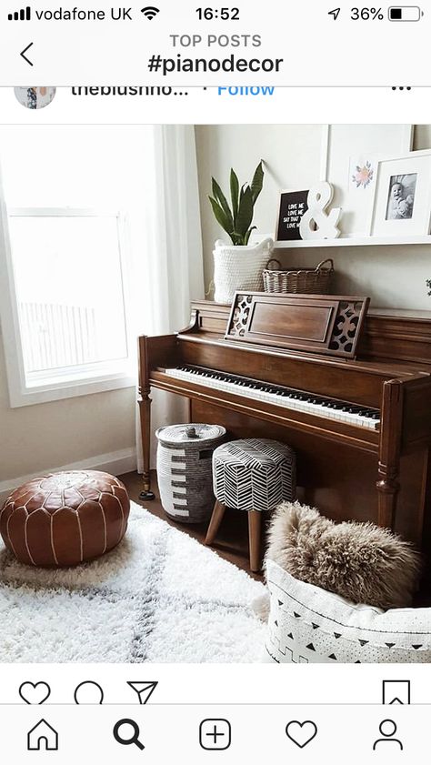 Shelving Around Piano, Shelf Above Piano, Piano In Entryway, Digital Piano Decor, Piano Entryway, Piano Shelf, Piano Corner, Piano Styling, Styling Shelf