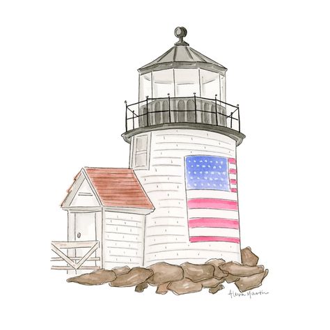 Ink illustration with watercolors, Brant Point Light in Nantucket. Original illustration by Alexa Martin, 2020. Nantucket Watercolor, Nantucket Art, July Illustration, Australia Illustration, July Bujo, Lighthouse Watercolor, July Aesthetic, Brant Point Lighthouse, Beach Wraps