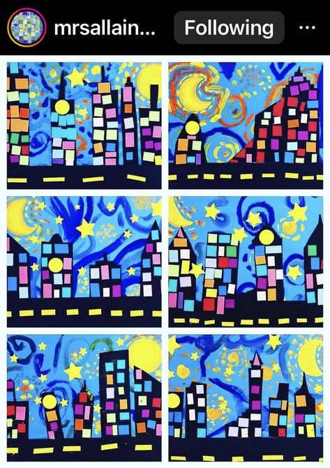 Van Gogh Art Projects For Kids, Starry Night Kids Art, Van Gogh Art Lesson, Third Grade Art Project, Elementary Projects, Grade 1 Art, Third Grade Art, School Instagram, Art Classroom Management