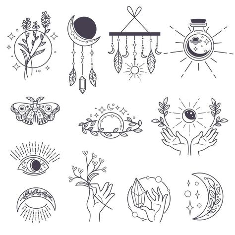 Magic and occult signs, potions and moon symbols Symbols Illustration, Halloween Bottle Labels, Tattoo Vector, Bottle Tattoo, Potion Labels, Moon Symbols, Halloween Bottles, Occult Symbols, Floral Branch