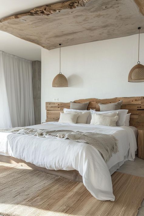 Chic Beach Bedroom, Organic Bed Frame, Rustic Bed Ideas, Modern Rustic Bedroom Design, Organic Farmhouse Bedroom, Modern Organic Bedroom Ideas, Coastal Organic Modern, Organic Style Interior Design, White Cozy Bedroom