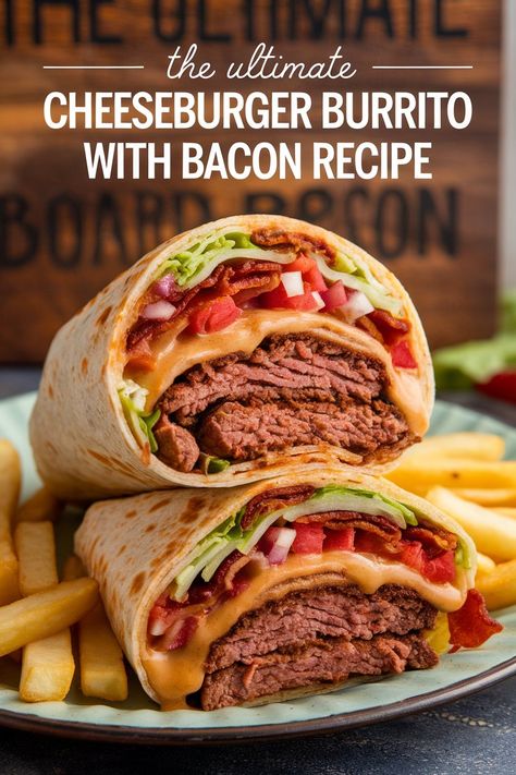 Indulge in the ultimate fusion of flavors with a cheeseburger burrito topped with crispy bacon. A delicious twist on a classic dish. Mexican Cheeseburger, Cheeseburger Burrito, Ultimate Cheeseburger, Mexican Pasta, Tortilla Rolls, Burrito Recipe, Food Truck Festival, Bacon Recipe, Best Bacon