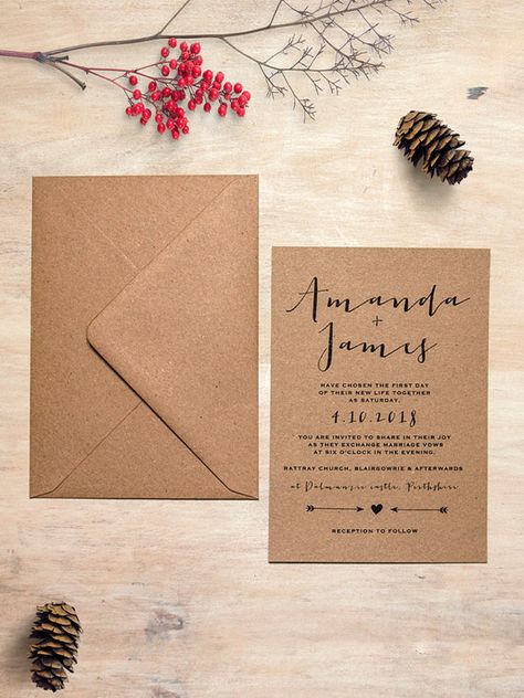 Simply Charm Eco Kraft Wedding Invitation Eco by PaperCharmStore Save The Date Rustic, Save The Date Simple Rustic, Simple Rustic Save The Dates, Kraft Invitation Wedding, Pinecone Wedding Invitations, Simple Wedding Invitations Rustic, Brown Wedding Invitations, Kraft Wedding Invitations, Recycled Wedding