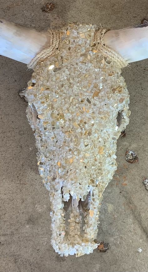 Mosaic Bull Skull, Mosaic Cow Skull Diy, Bedazzled Longhorn Skull, Cowhide Wall Decor Ideas, Mosaic Deer Skull, Fire Glass Cow Skull, Diy Bull Skull Decor, Rhinestone Cow Skull, Borax Crystals Diy Deer Skull