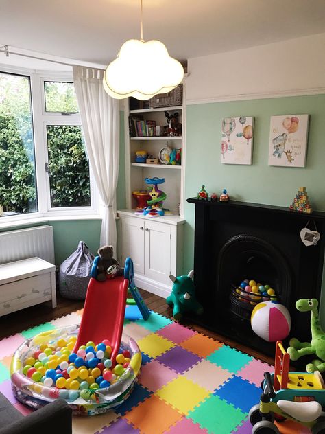 Playroom Victorian House, Foam Mats For Playroom, Playroom With Fireplace, Victorian Playroom, Traditional Playroom, Playroom Lounge, Long Living Room, Victoria House, Victorian Fireplace