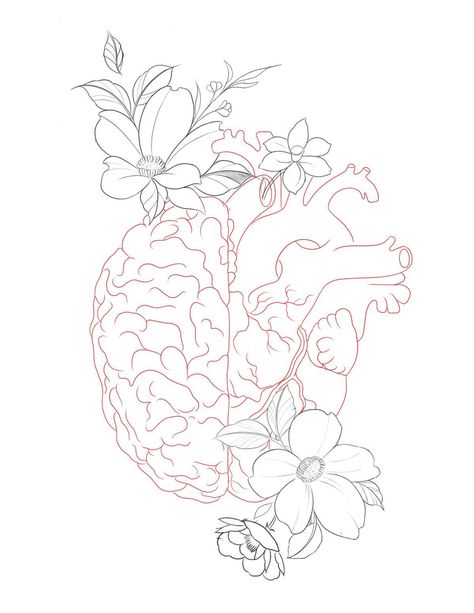 Brain Heart Flower Tattoo, Heart And Brain Tattoo With Flowers, Anatomical Heart Drawing Flowers, Balance Heart And Brain Tattoo, Brain With Flowers Tattoo, Healer Tattoo, Brain With Flowers, Healthcare Tattoo, Heart Flower Tattoo